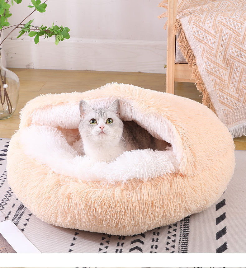 Semi-Enclosed Plush Round Pet Bed