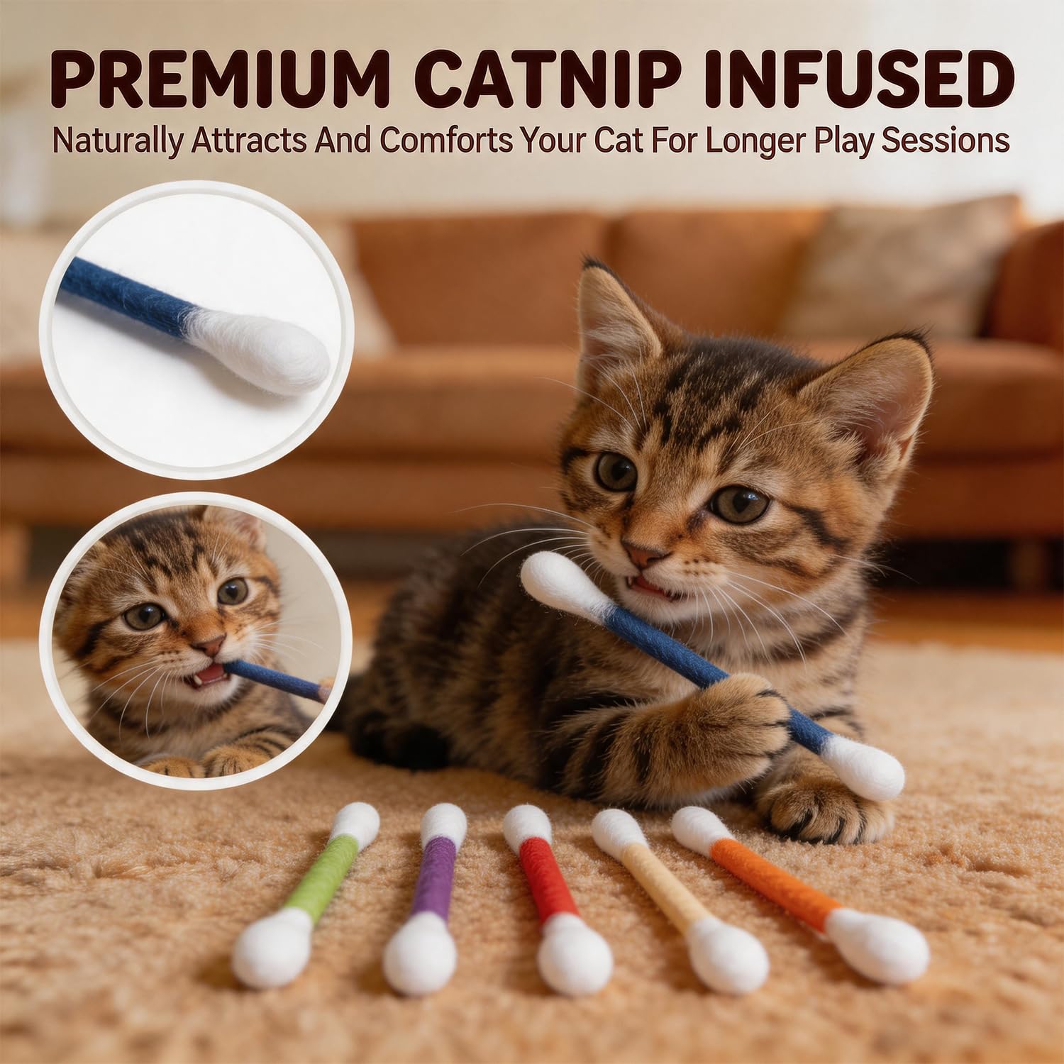 6 Pack Catnip Cotton Swab Chew Toy Set