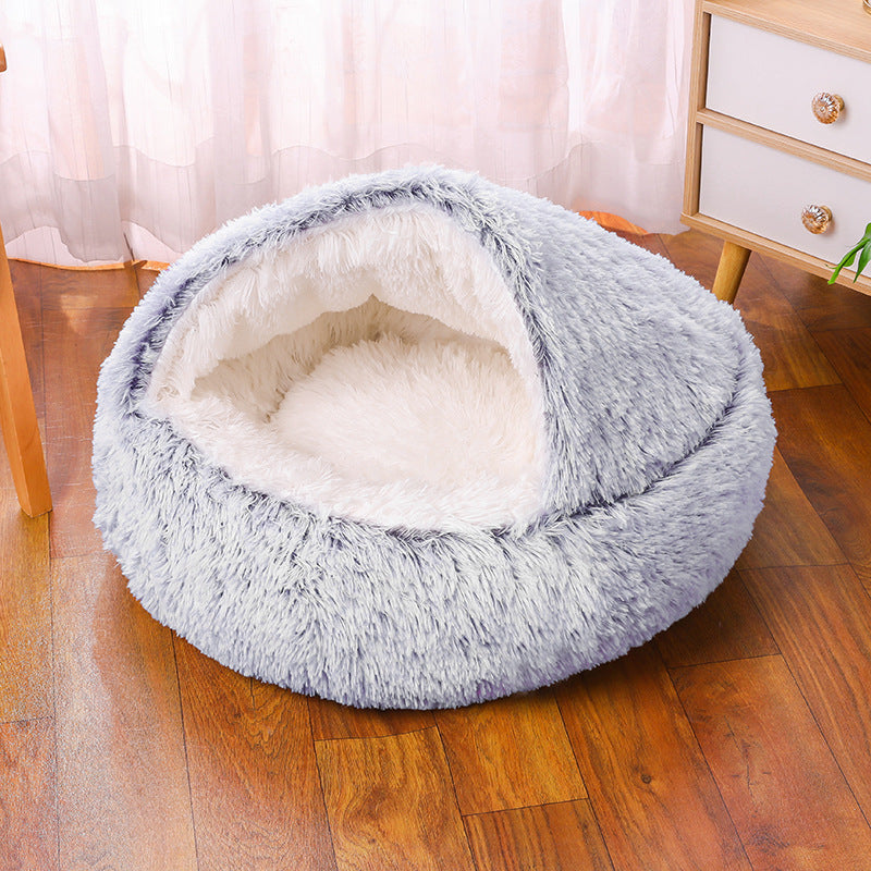 Semi-Enclosed Plush Round Pet Bed