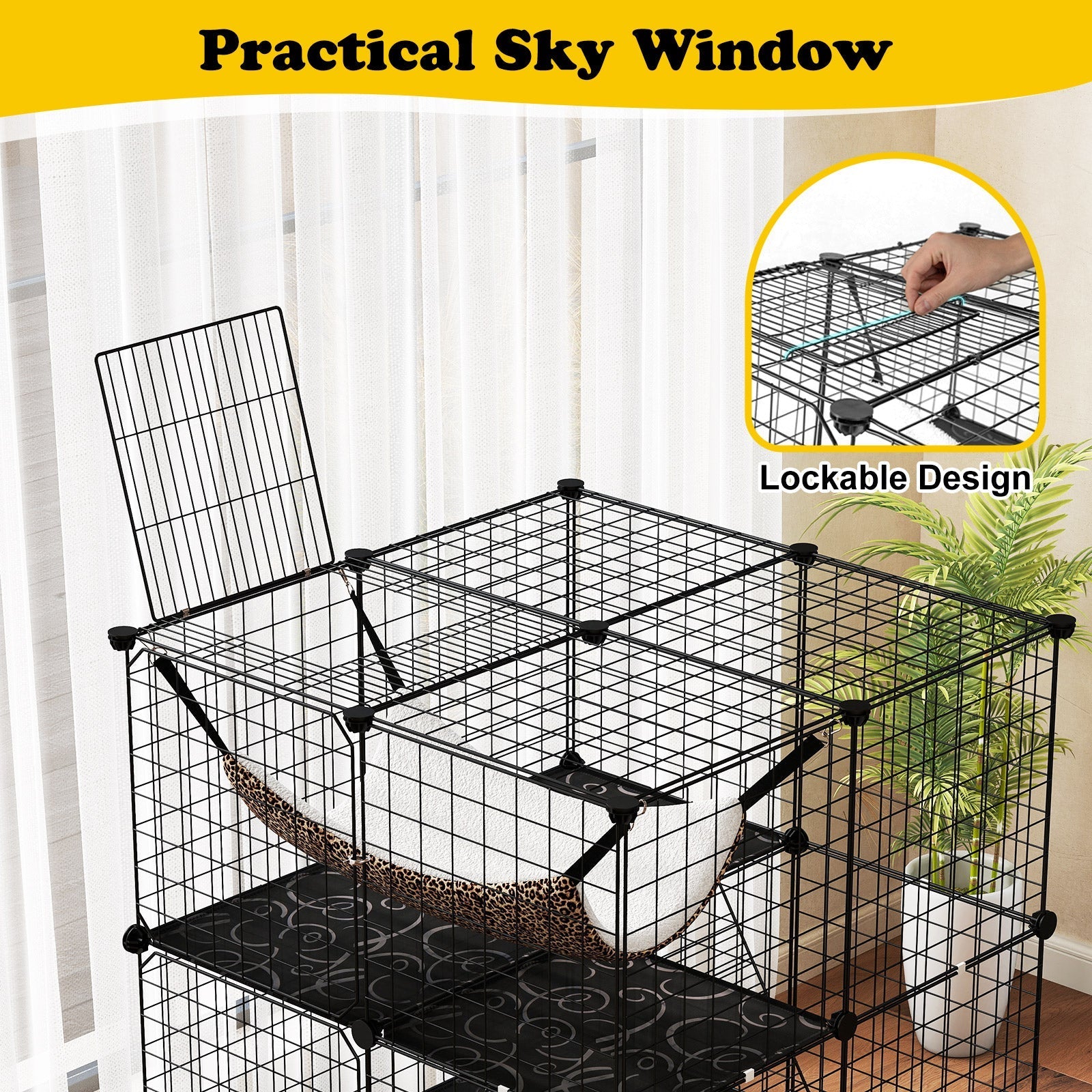 Indoor Cat Cage 3-Tier Cat Enclosure Detachable Metal Wire Kennel-Black