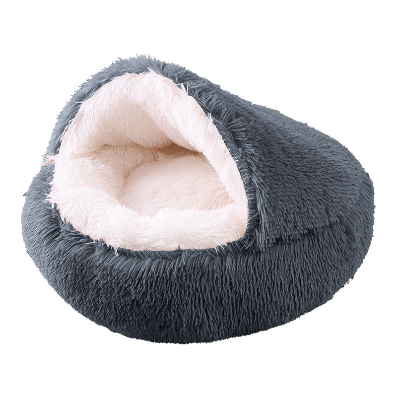 Semi-Enclosed Plush Round Pet Bed
