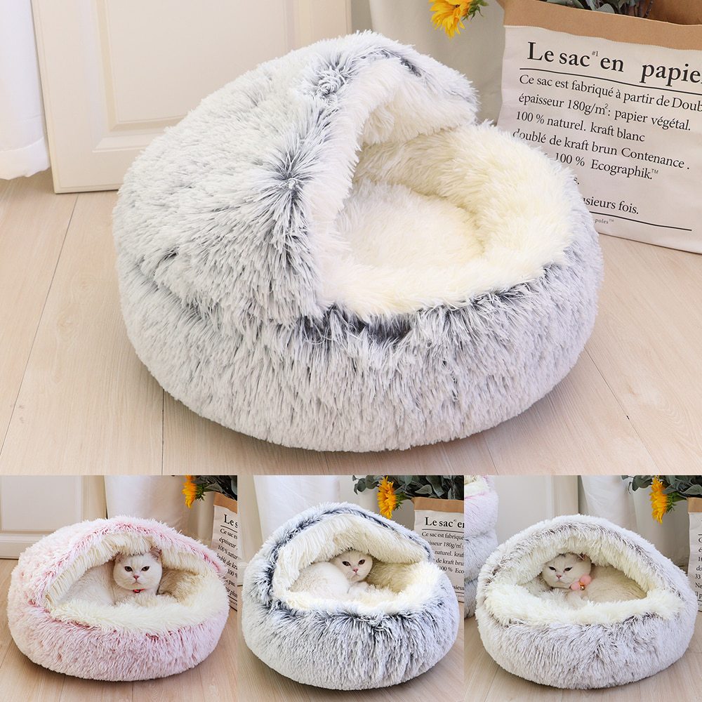 Semi-Enclosed Plush Round Pet Bed