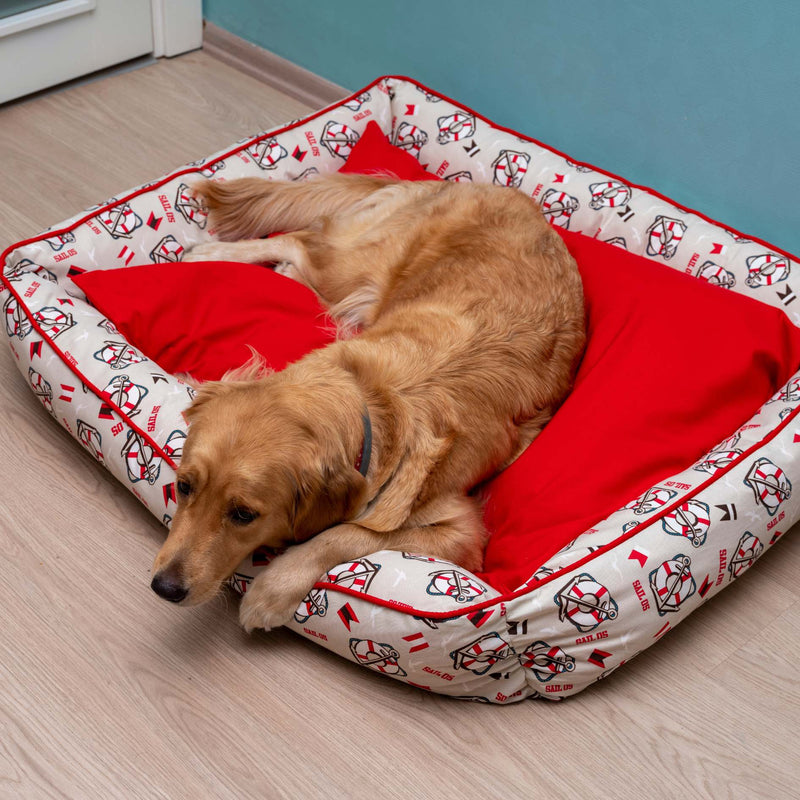 A golden retriever dog rests on a square pet bed with bright red cushions and a white border printed with cartoon characters, placed on a light wood floor against a blue wall.