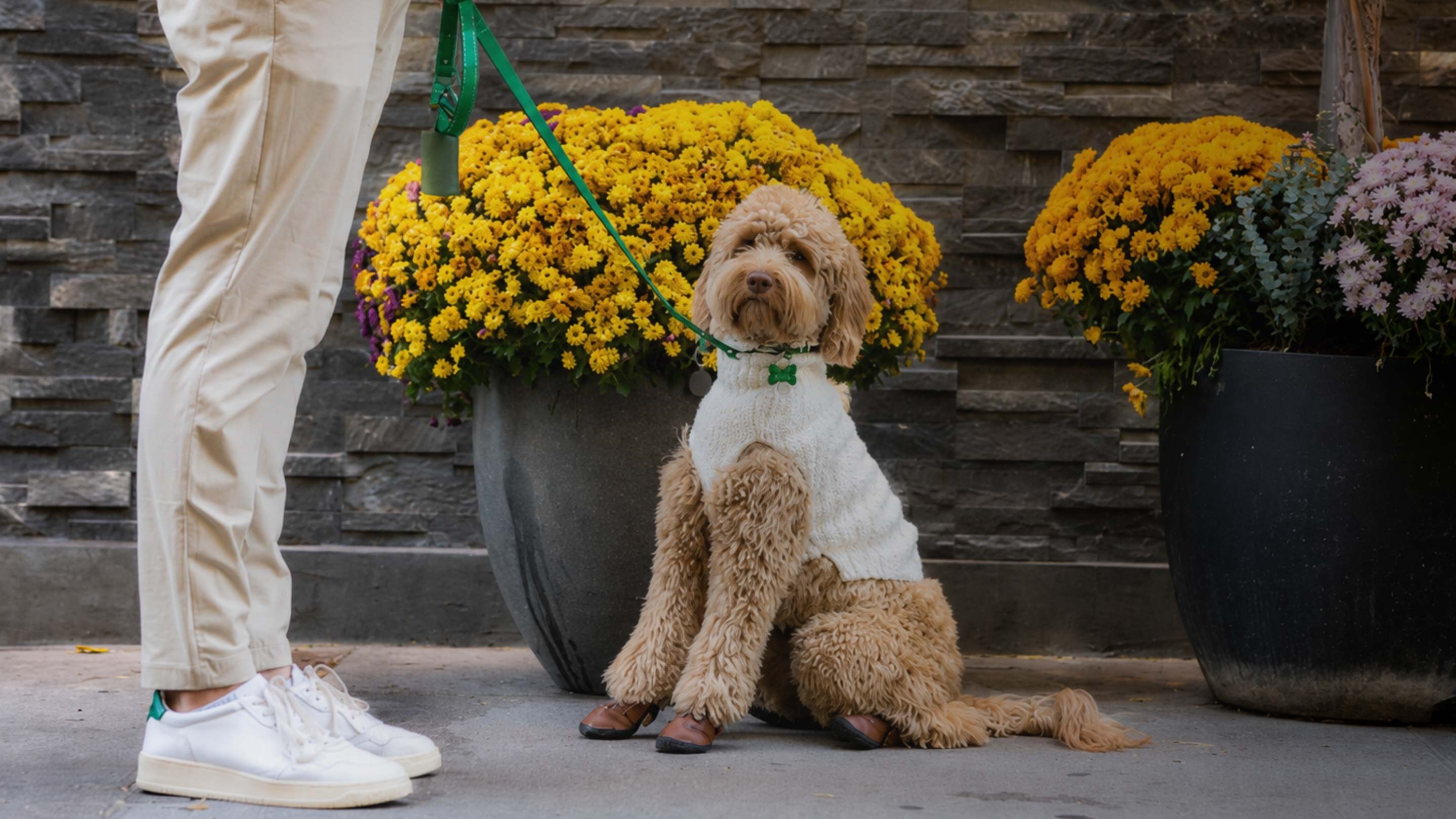 A fluffy light brown dog wearing a white sweater and a green collar sits on a stone wall between large black planters filled with yellow flowers. A person in beige pants and white sneakers is standing on the left holding a green leash.