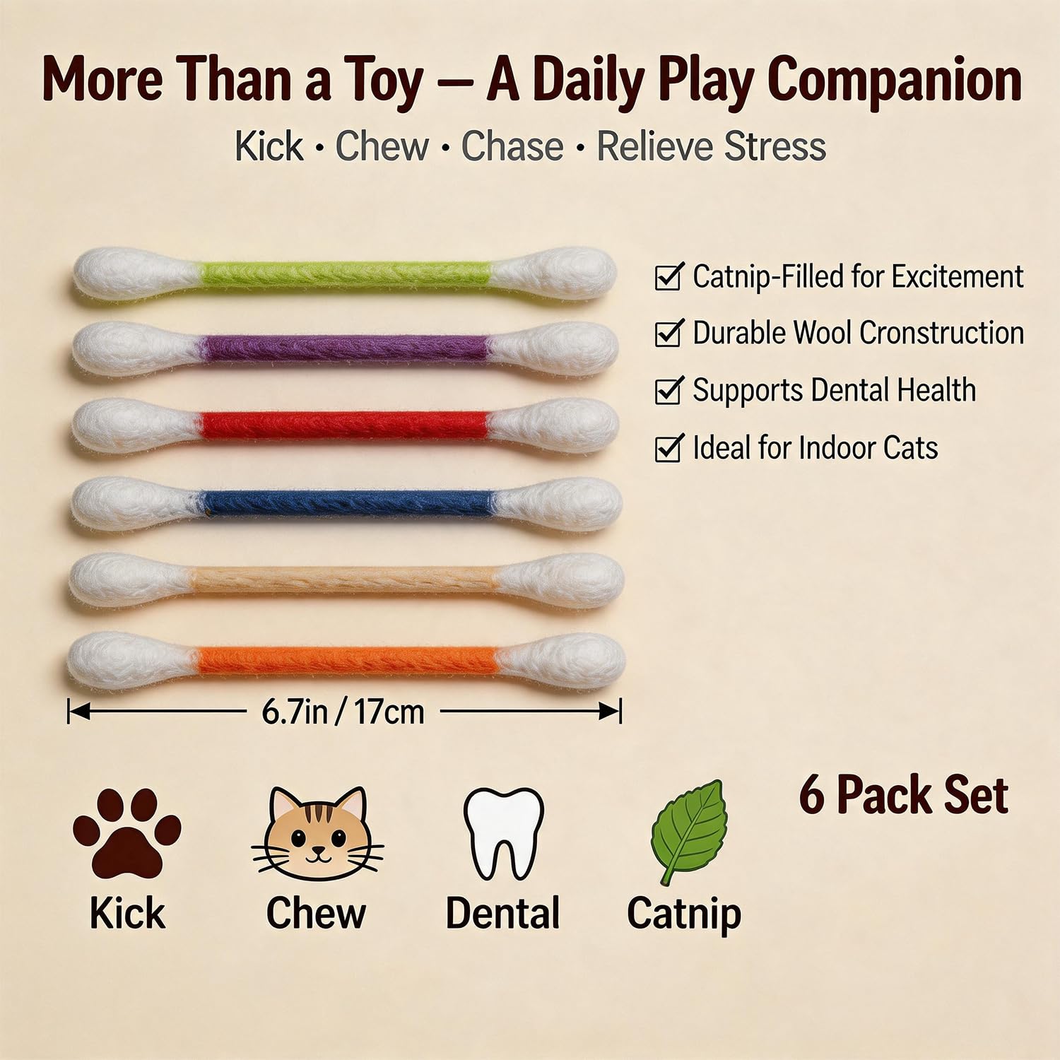 6 Pack Catnip Cotton Swab Chew Toy Set